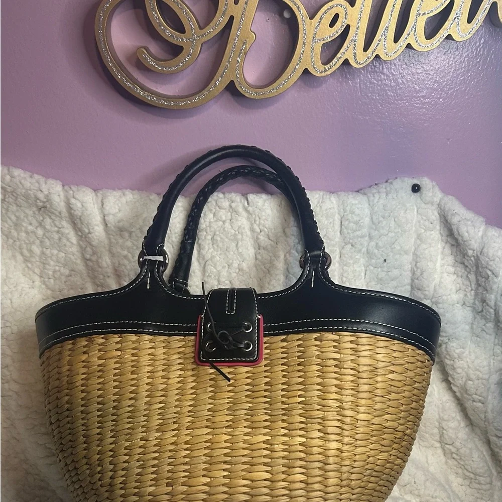 Coach Straw Tote Black Leather Pink Signature Lining RARE - Picture 3 of 10